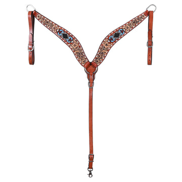 Hilason Horse Floral Hand Carved American Leather Breast Collar Headstall W/ Beaded Work Brown